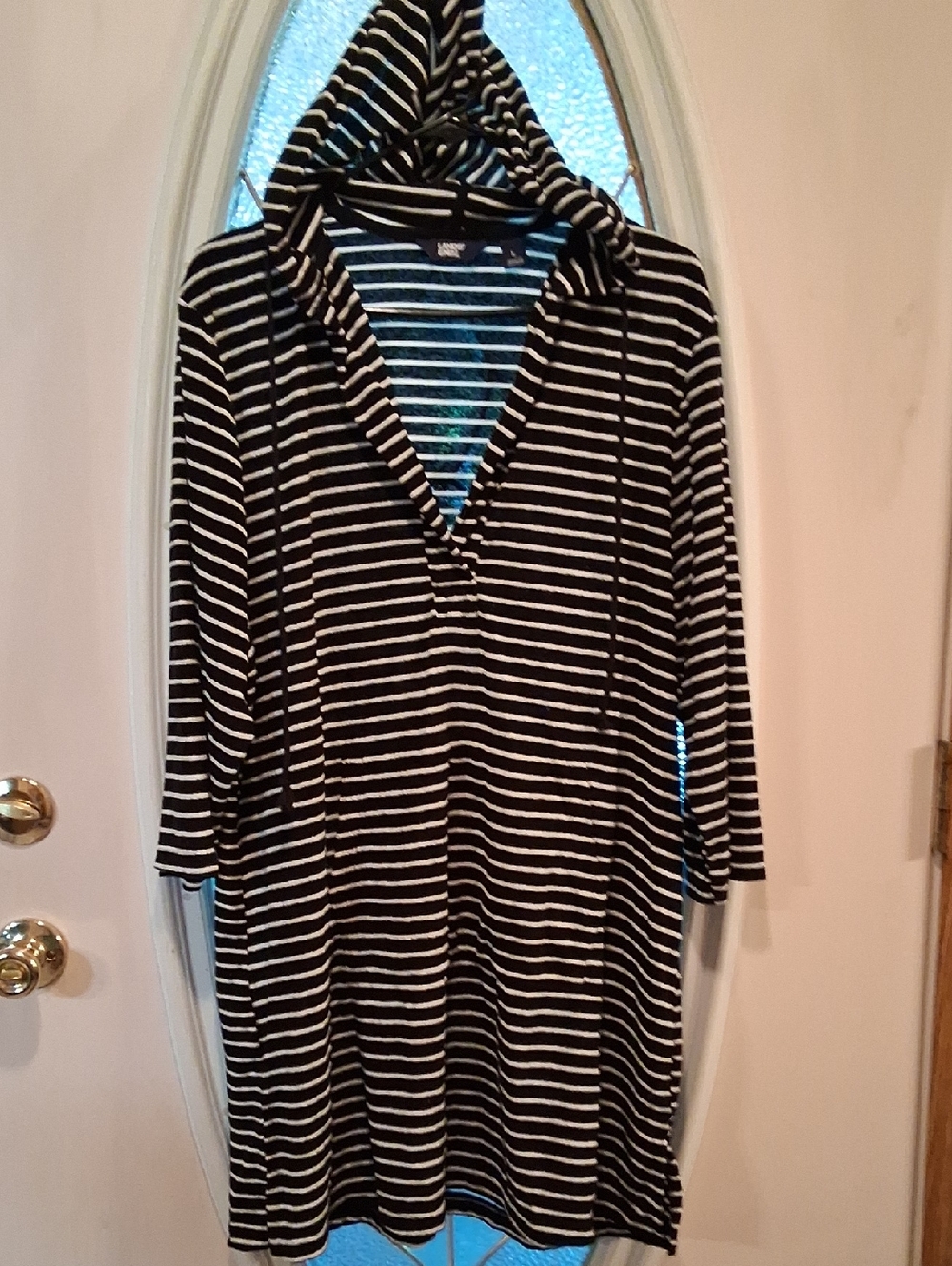 Lands' End Black and White Striped Knit Top with Hood